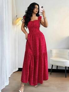 Rafferiza 女士夏季休闲波点印花系带露背荷叶边下摆连衣裙 - 紅色 - 查看 2