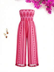Vivid Eden Plus Size Boho Pink Folk Custom Pattern Strapless Long Jumpsuit With Shirred Details Woven Fabric Sleeveless Summer Outfit - Pink - View 6