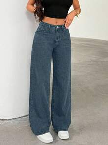 EURMUSE بنطلون جينز أزرق فضفاض عادي بخصر عالٍ للاستخدام اليومي - ازرق ضبابي - مشاهدة 5
