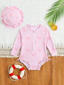 Bañador de una pieza con cremallera delantera, estampado aleatorio de estrellas de mar, manga larga y gorro de natación con volantes para niña - Rosa - Ver 1