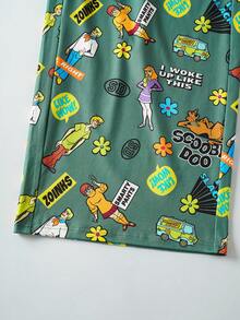 SCOOBY-DOO X SHEIN 男士加大码卡通字母印花落肩宽松长袖上衣和裤子睡衣套装，春秋季 - 黑色 - 查看 9