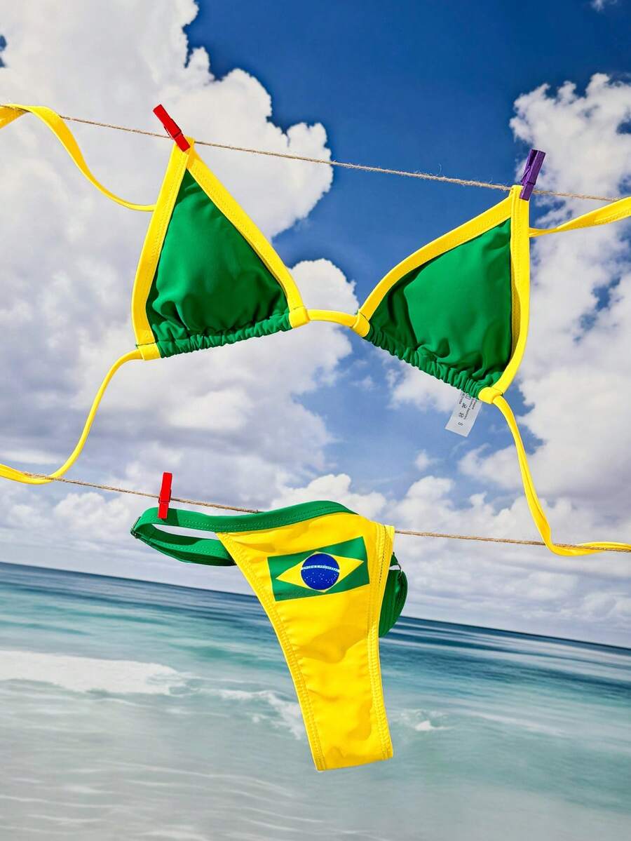 Swim SXY Bộ bikini hai mảnh tam giác cổ chữ V, buộc dây cổ, hở lưng, in họa tiết cờ Brazil mới dành cho nữ, viền màu sắc nổi bật, gợi cảm, thích hợp cho mùa xuân/hè. Đồ bơi hai mảnh kiểu Brazil dành cho nữ, trang phục đi biển. - Nhiều màu - Xem 1