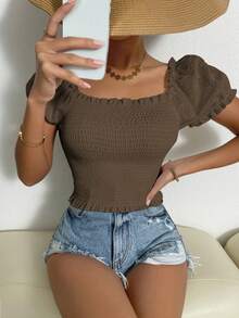 Breezaya 女士休闲纯色泡泡袖衬衫，夏季 - 咖啡棕 - 查看 3