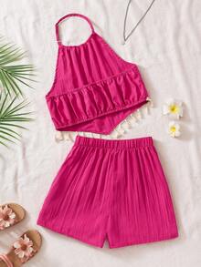 Sparklyn Ensemble 2 pièces pour adolescentes, vacances d'été. Débardeur rouge et short de couleur unie. Convient pour les vacances, les sorties et autres occasions - Rose vif - Voir 2