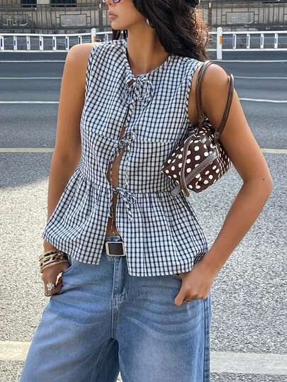 Coolane Dam Vår Streetwear Festival Utekväll Hippie Casual Vintage Boho Grundläggande Gamla Pengar Helg Semester Outfits Rutig Bekväm Blå Knytband Framtill Ärmlösa Skjortor