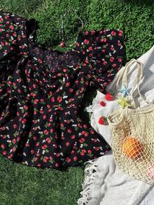 Flirla Plus Size Cute Girl Doll Collar Strawberry Print Blouse - Black - View 7
