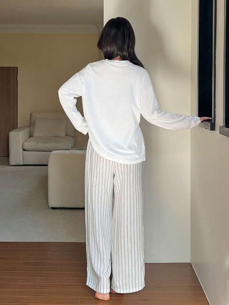 2pcs Women Graphic Print Loose Long Sleeve T-Shirt & Striped Straight Leg Pants Pajama Set, Spring/Autumn