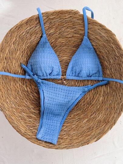 Swim Vcay Conjunto de bikini 2026 /Verano con top de triángulo de tela texturizada con tirantes finos azul y braga de tanga con lazos laterales de corte alto para mujeres