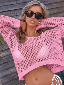 SHEIN Swim Women's Hollow Out Knit Dolman Sleeve Cover Up Top, Summer - Pink - View 5