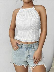 SHEIN 女士纯色褶皱露背吊带休闲时尚背心 - 白色 - 查看 7