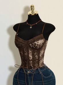 SHEIN ICON ملابس علوية كروب ضيق بحمالات رفيعة مع ربطة أمامية بطبعة نمر، صيفي - متعدد الألوان - مشاهدة 4