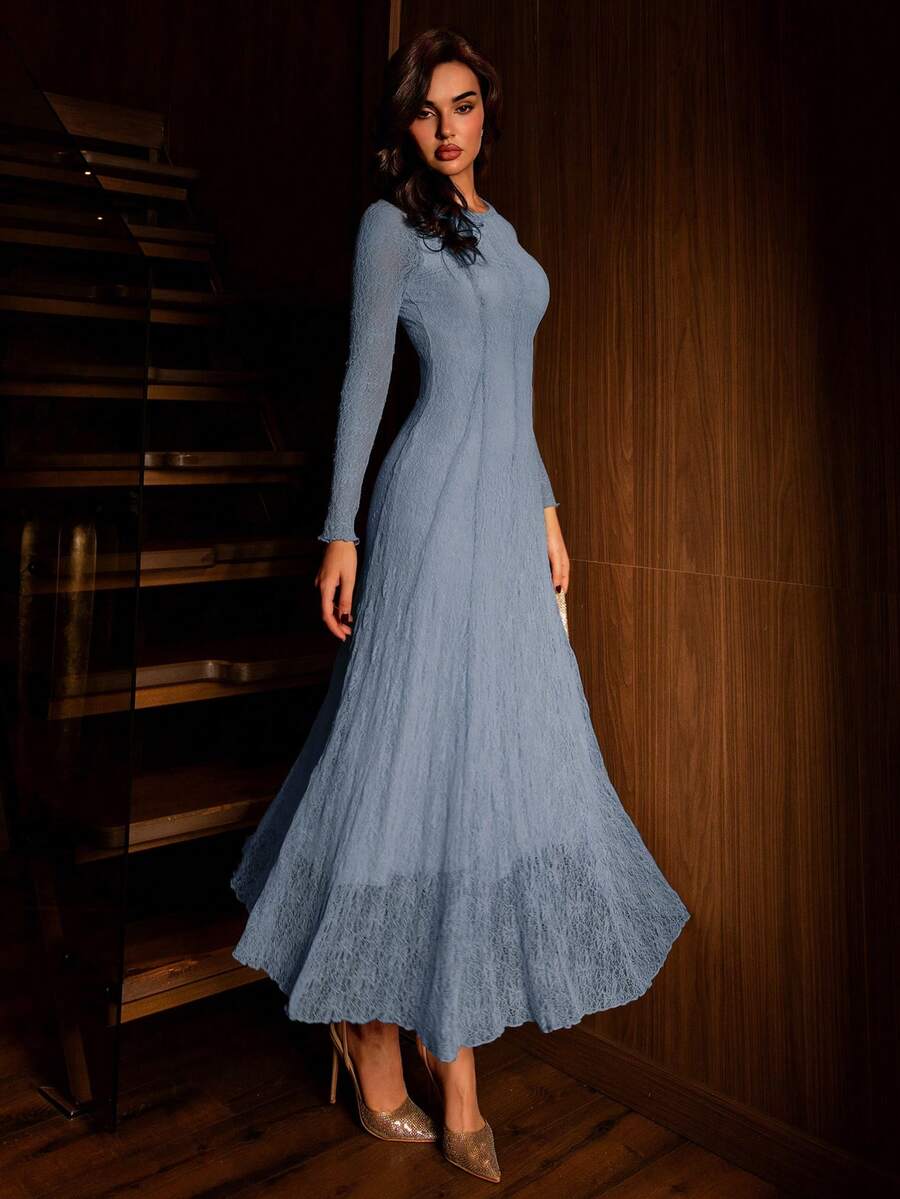 Modelyn Đầm xòe thanh lịch màu mơ dành cho nữ, thiết kế ren, thích hợp cho đi chơi, hẹn hò, dự tiệc, chiều dài ngang gối. - Xám Xanh - Xem 1