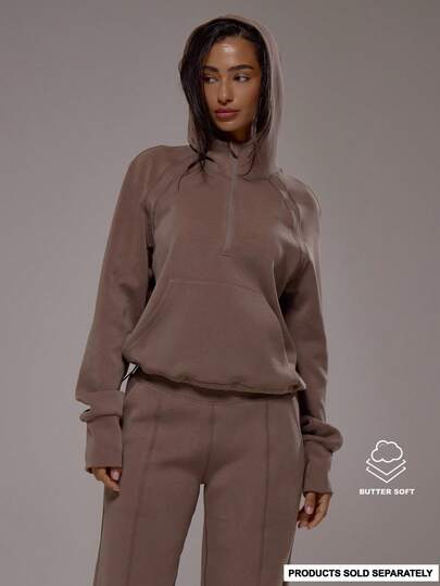 Musera Sport Hooded Cropped Quarter Zip Top Only Sport Co-Ord Active Workout Gym Pilates Fitness Daily Casual Smoky Quartz