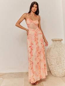 Enchnt 女士夏季沙滩度假印花荷叶边腰带连衣裙 - 粉色 - 查看 4