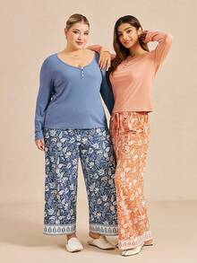 LUVLETTE 橙色柔软基础款长款T恤和棉质印花长裤家居服套装，透气舒适，女士睡裤带口袋，可作内衣外穿家居服套装。 - 橘色 - 查看 9