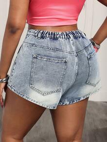 Slaydiva Quần short denim cạp cao kiểu vintage, cỡ lớn, thời trang. - Rửa nhẹ - Xem 2