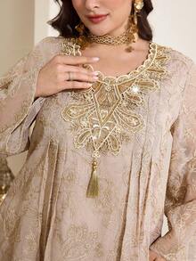 Al Najma Plus Size Women Pleated Floral Tassel Design Elegant Casual Party Holiday Flare Sleeve Dress - Beige - View 6