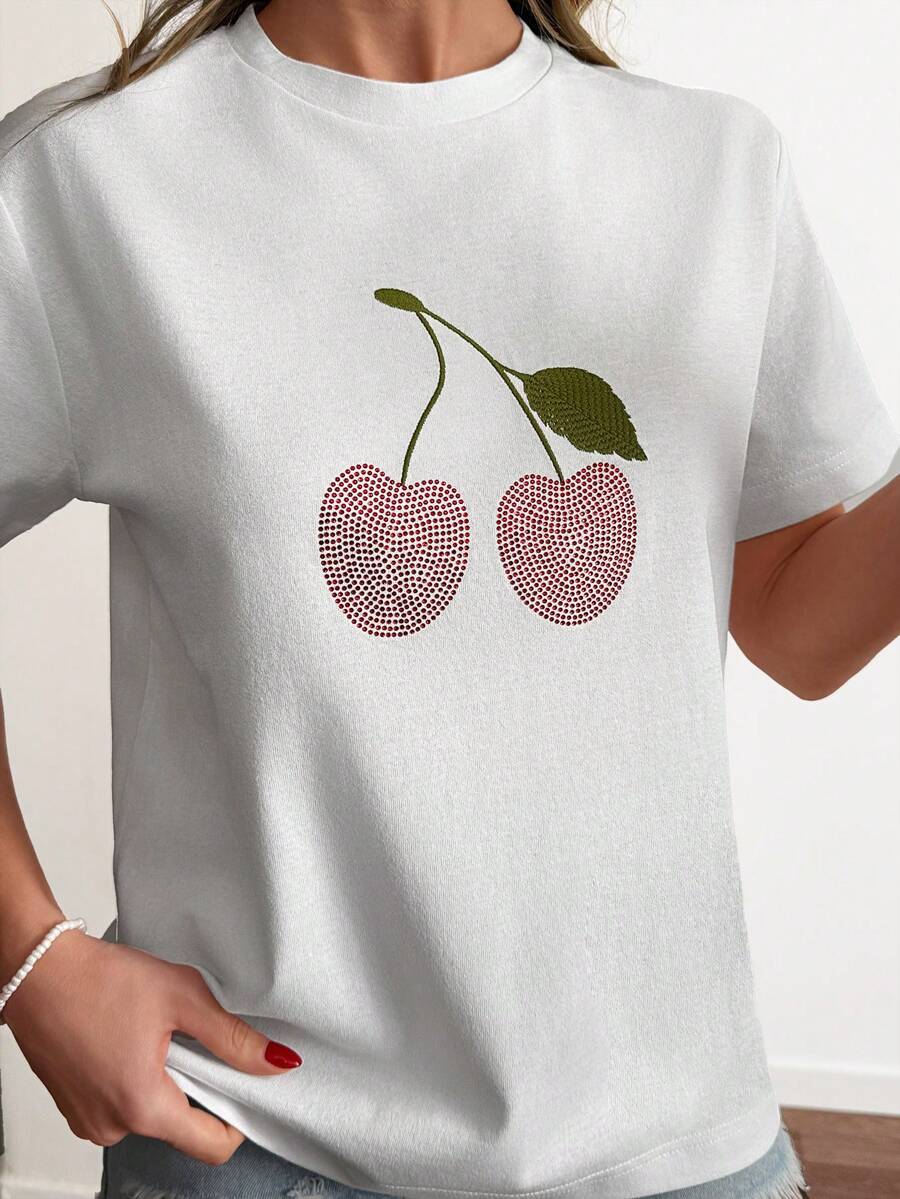 Cloudara White Cherry Rhinestone Embroidered T-Shirt, Casual Basic Women's Top Golf Summer - White - View 1