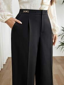 Modelyn Pantalones de pierna ancha de unicolor versátiles y de moda para tallas grandes - Negro - Ver 5