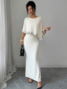 SHEIN Clasi Elegant Casual Color Block Batwing Sleeve Sequin Decor Round Neck Cape Dress For Women, Spring/Summer - Apricot - View 3