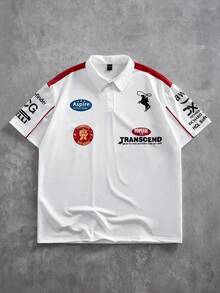 ROMWE MEN Unisex Lässig Kontrast Kragen Kurzarm Poloshirt, Slogan Muster Loose Fit, Professionelles Club Shirt - Verschiedenfarbig - Übersicht 1