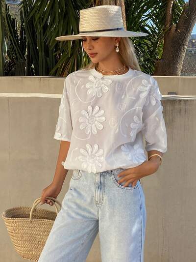 Camisa casual de verano para mujer con cuello redondo, manga corta, suelta, con textura floral 3D