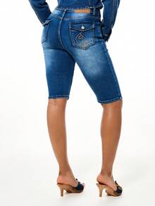 BABYPHAT High Rise Embroidered Logo Detail Denim Capri Jeans With Distressed Accents And Medium Wash Finish - Blue - View 4