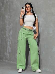 SHEIN EZwear 女士夏季拉链门襟翻盖口袋工装牛仔裤 - 綠色 - 查看 6