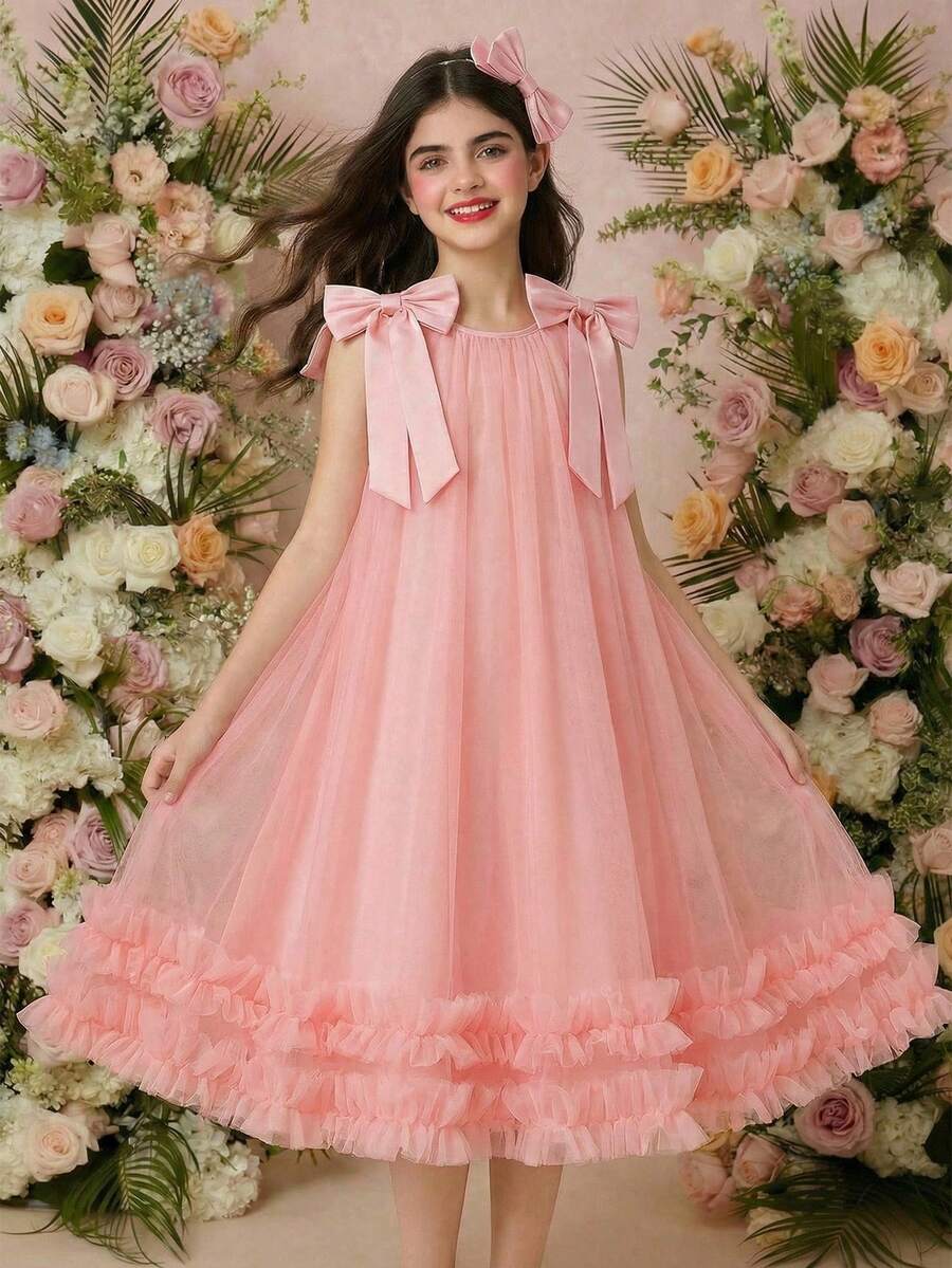 少女優雅花童禮服,柔粉色網紗夏季公主裙,3D蓬蓬大蝴蝶結肩部裝飾,無袖A字版型派對生日套裝 - 粉色 - 查看 1