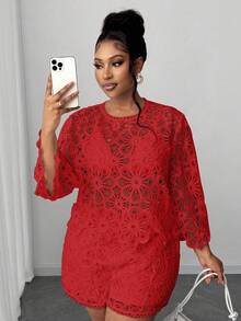 Maweii Valentine Plus Size Elegant Solid Color Lace Shorts, Summer - Red - View 3