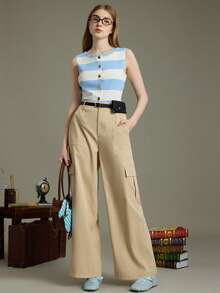 SHEIN ChicEase Pantalones cargo casuales y holgados para mujer, adecuados para el uso diario - Caqui - Ver 4