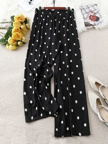 Linhara Quần chấm bi dáng rộng, nhẹ nhàng, thanh lịch, thoải mái dành cho nữ cỡ lớn, có dây rút giả, thích hợp cho mùa hè. - Đen và trắng - Xem 2