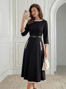 Miaspire Vestido elegante de media manga con cuello redondo y bloque de color para uso diario - Negro - Ver 6
