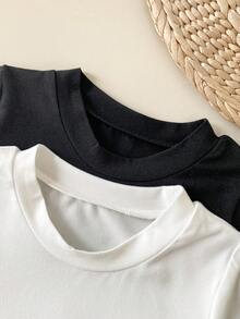SHEIN Playful Pals 2pcs Baby/Baby Boy Black & White T-Shirts, Simple Letter Print, All-Match Casual Versatile Tops Suitable For Summer - Multicolor - View 7