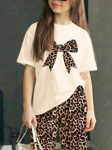 Teen Girls' Casual Fashion Street Style Leopard Print Bow Decor Loose Fit Short Sleeve T-Shirt And Pants Set, Spring/Summer/Autumn - Multicolor - View 6