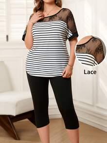 Rosumi 大码夏季休闲条纹撞色蕾丝上衣和七分裤两件套 - 黑與白 - 查看 8