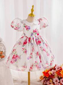 SHEIN Glamorique Kids 女童碎花腰部泡泡袖薄纱优雅派对连衣裙，适合所有季节 - 粉色 - 查看 8