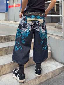 ROMWE MEN Men's Casual Fashion Street Letter Embroidery Pattern Denim Shorts, Summer - Black - View 1