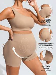 SHEIN Conjunto de sujetador deportivo de espalda nadadora y pantalones cortos de cintura alta de color liso simple para maternidad, ropa de trabajo Word Cup, gimnasio, marrón, verano, hospital - Caqui - Ver 11