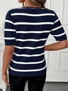 SHEIN Clasi Striped Print V-Neck Casual Versatile Short Sleeve Pullover Sweater - Blue and White - View 2