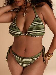 SHEIN BAE 大码女士性感露背系带条纹印花比基尼套装，沙滩度假风 - 綠色 - 查看 2