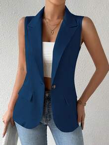 Ellegaria. Women's Casual Blue Lapel Sleeveless Regular Length Button Vest - Blue - View 5