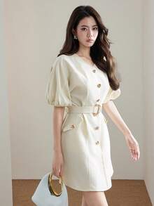 Heiryn Women's Casual V-Neck Bubble Sleeve Belted Short Dress, Minimalist Solid Color, Suitable For Daily, Work Commute, Summer - Yellow - View 7