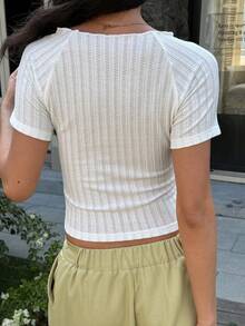 DAZY Áo croptop nữ màu trơn, tay ngắn, chất liệu jacquard, kiểu dáng ôm sát, hở vai, thích hợp mặc mùa hè. - trắng - Xem 2