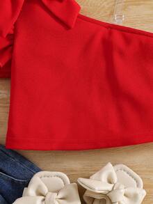 SHEIN Young Girl Summer Short Solid Color One-Shoulder Ruffle Bow Decor T-Shirt - Red - View 5