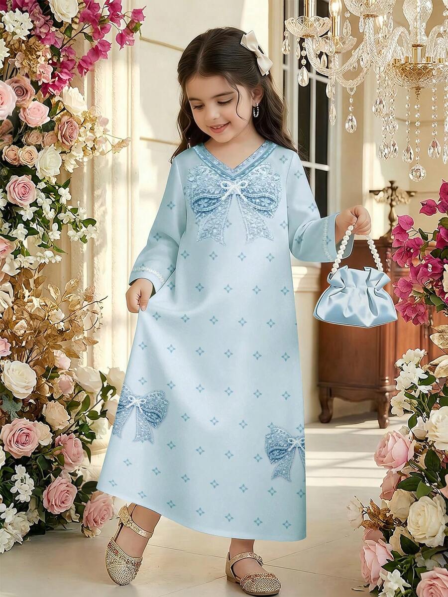 SHEIN 冰蓝色公主风,优雅时尚的公主蝴蝶结珍珠图案,适合年轻女孩休闲优雅的传统阿拉伯长袍连衣裙,适合春夏日常穿着、节日庆典、外出游玩,优雅时尚的长袖阿拉伯长裙 - 彩色 - 查看 1