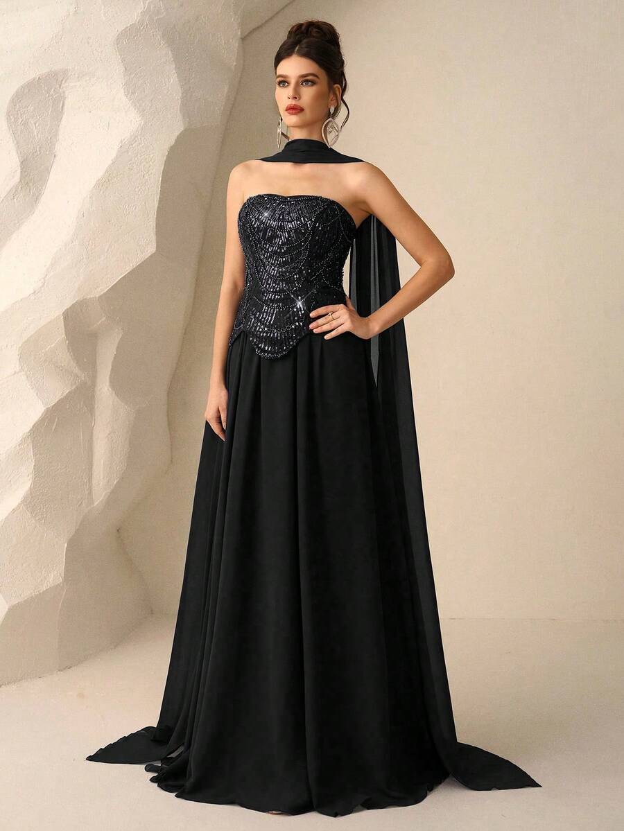 Coutiva Elegant Sequin Long Sleeve Dress, High-End Banquet Gown - Black - View 1