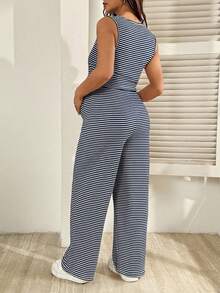 SHEIN 2pcs Maternity Casual Striped Round Neck Vest And Pants Set, Summer World Cup - Royal Blue - View 2