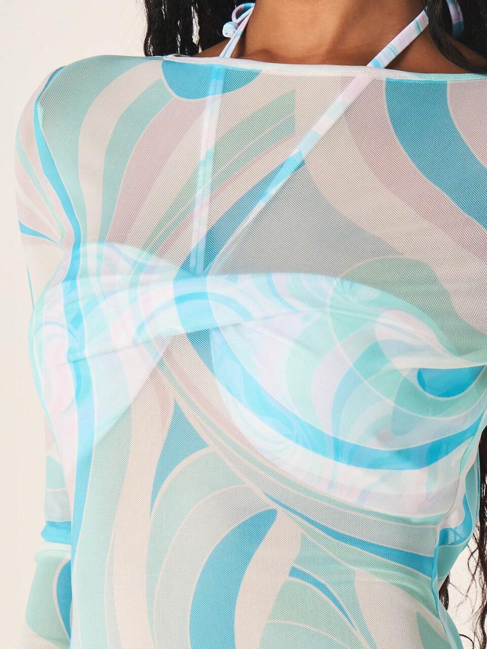 MISSGUIDED Kurzes Minikleid mit abstraktem Wirbelmustern, Rückenausschnitt und Halter-Bindedetail mit Langarm
