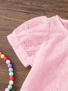 Emery Rose Kids Emery Rose Kids 女婴休闲简约舒适圆领泡泡袖镂空刺绣上衣，适合日常穿着和开学季，粉色女婴夏季衬衫 - 粉色 - 查看 4